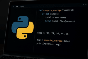 Laptop screen displaying the Python logo on the left and a code editor on the right with a Python function 'compute_average' calculating the average of a list of numbers, all in a dark theme with clear syntax highlighting.