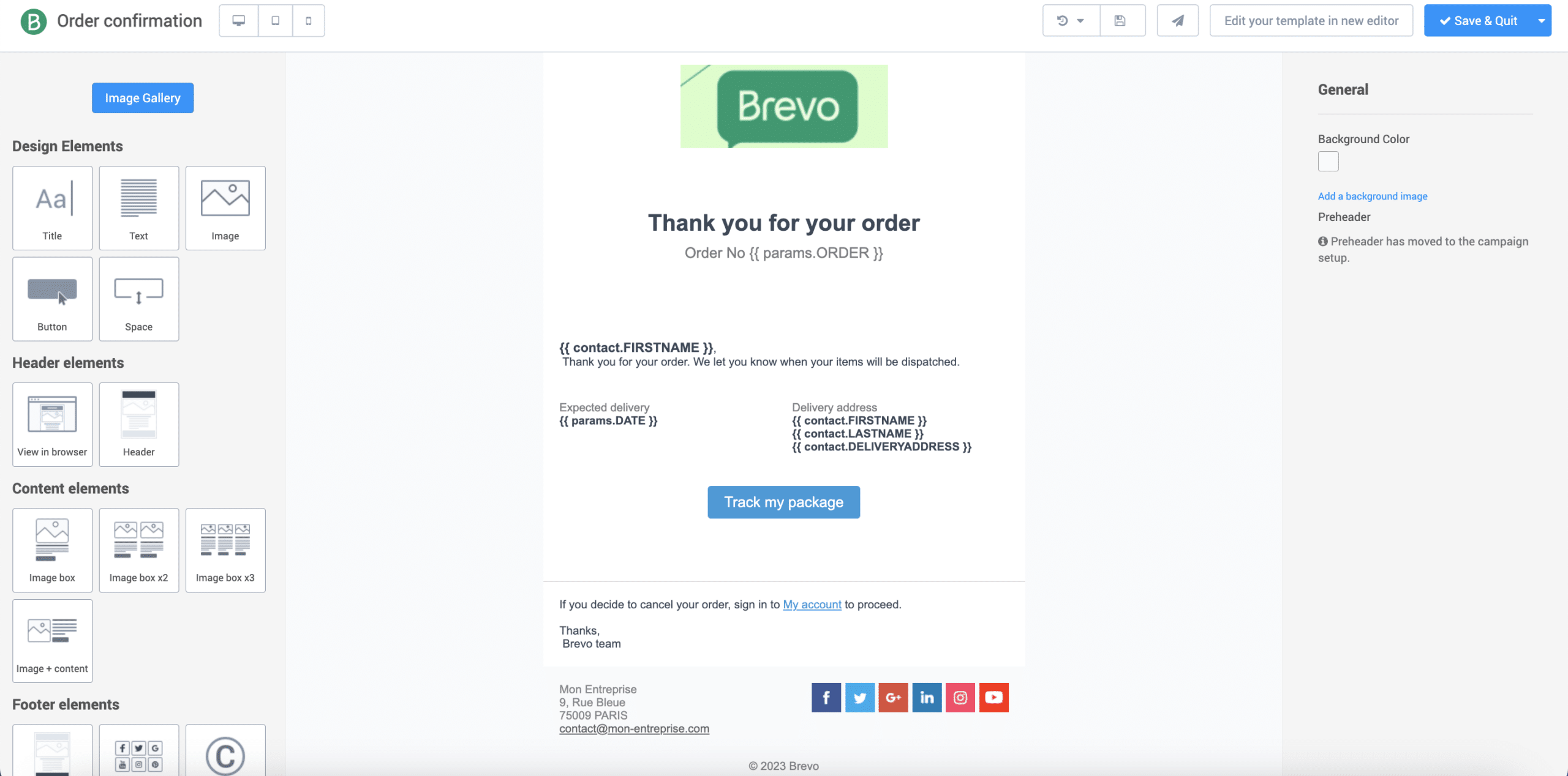 Screenshot of an order confirmation email template created with Brevo, showing a structured layout including a thank-you message, dynamic placeholders for customer and delivery information, a "Track my package" button, and social media icons in the footer.