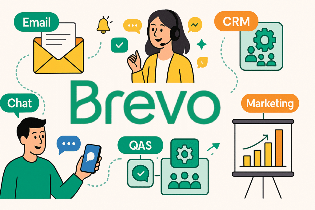 Illustration showing Brevo’s digital marketing platform with key features including email marketing, live chat, CRM tools, marketing automation, and quality assurance systems, represented by modern cartoon-style icons and characters.