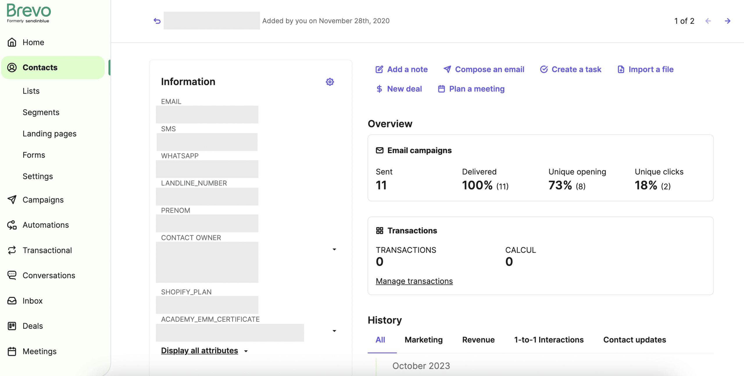 Brevo CRM contact management interface displaying contact details with email campaigns overview, showing statistics like 100% delivery, 73% unique open rate, and 18% unique click rate. The panel includes options to add notes, compose an email, create tasks, and manage transactions for marketing and revenue activities.