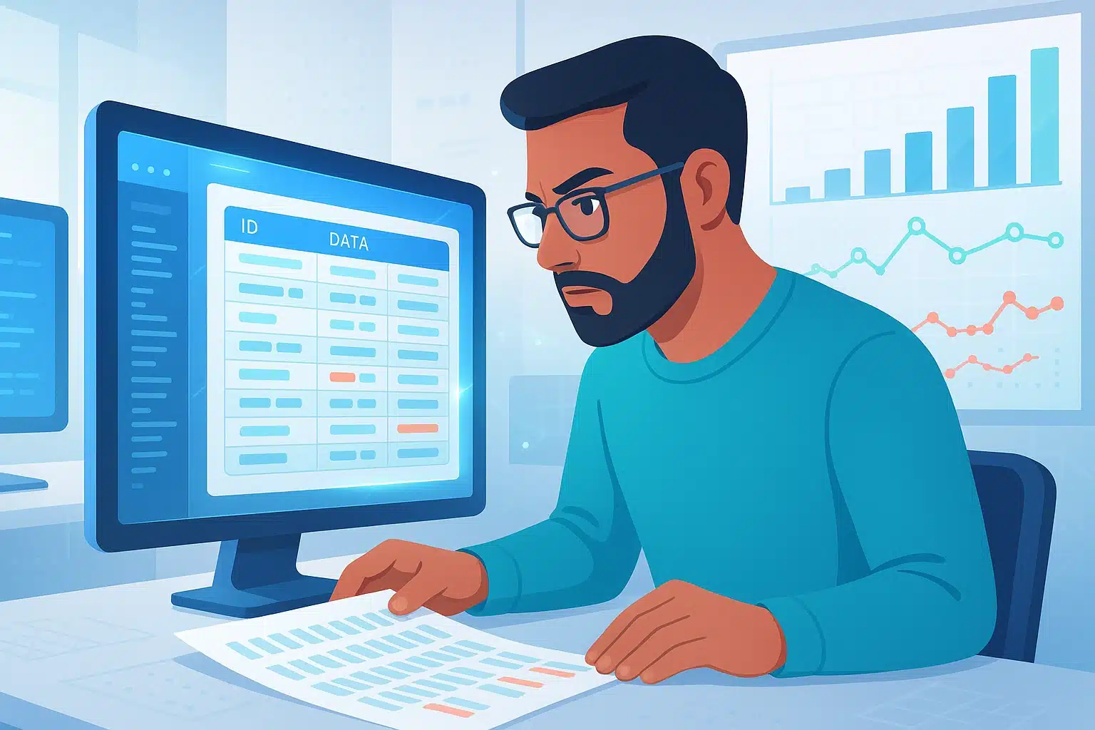 Un analyste de données examinant une table dans une interface de requête SQL, illustrant l'utilisation des commandes LIMIT et OFFSET pour le contrôle des résultats de requête.
