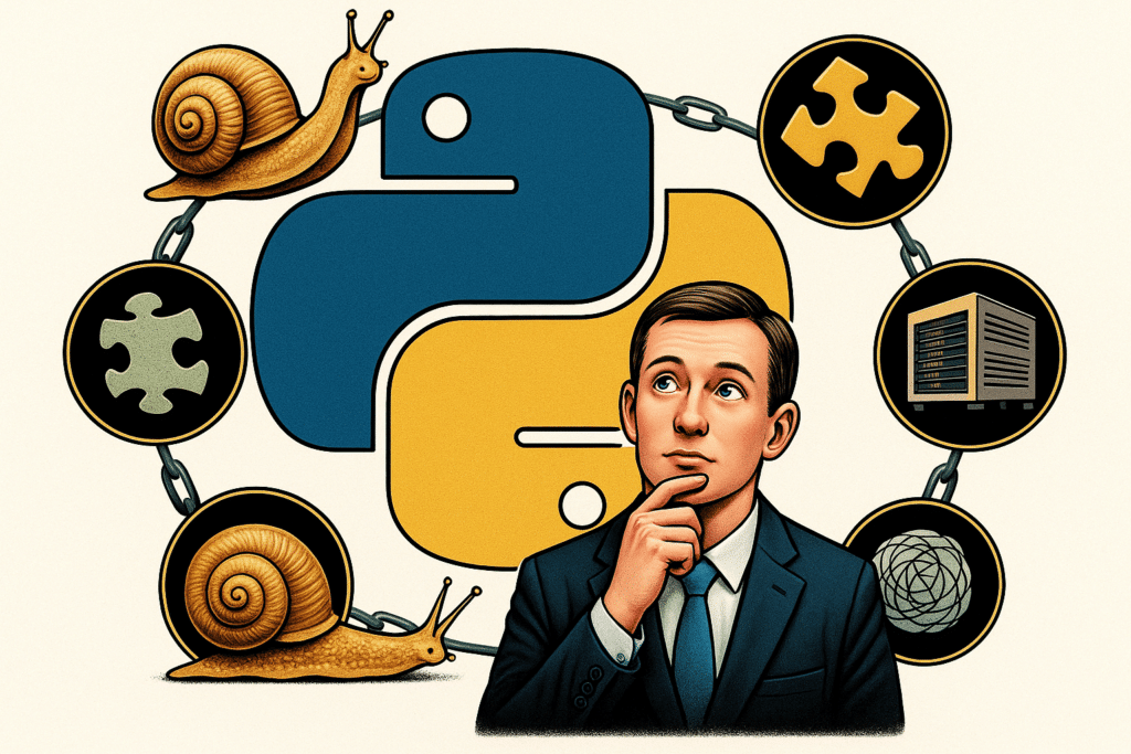 Ilustración digital estilizada que muestra a un hombre con traje pensativo frente al logo azul y amarillo de Python, rodeado de iconos simbólicos como caracoles, piezas de rompecabezas, un servidor informático y una estructura compleja, todos conectados por una cadena circular, representando los desafíos y reflexiones relacionados con la programación en Python.