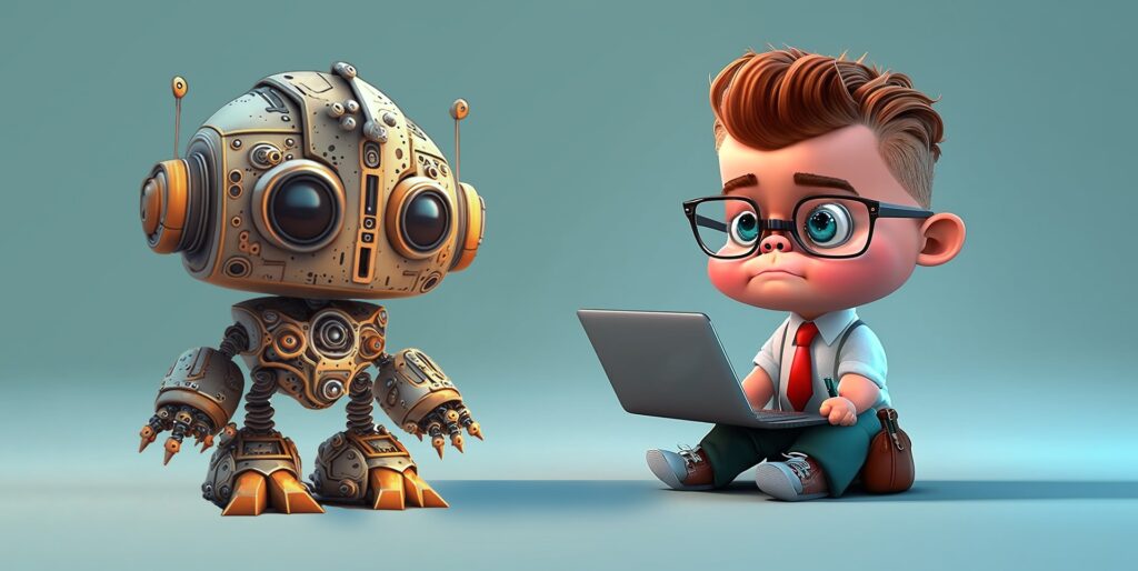 Robot aidant un enfant sur son ordinateur