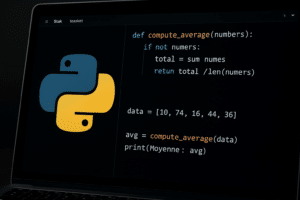 Écran d’ordinateur portable affichant le logo Python à gauche et un éditeur de code à droite avec une fonction Python 'compute_average' calculant la moyenne d’une liste de nombres, le tout dans un thème sombre avec une coloration syntaxique claire.