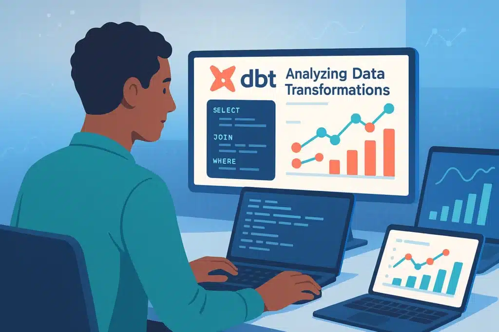 Personne analysant des transformations de données avec dbt sur plusieurs écrans, incluant des graphiques et des lignes de code.