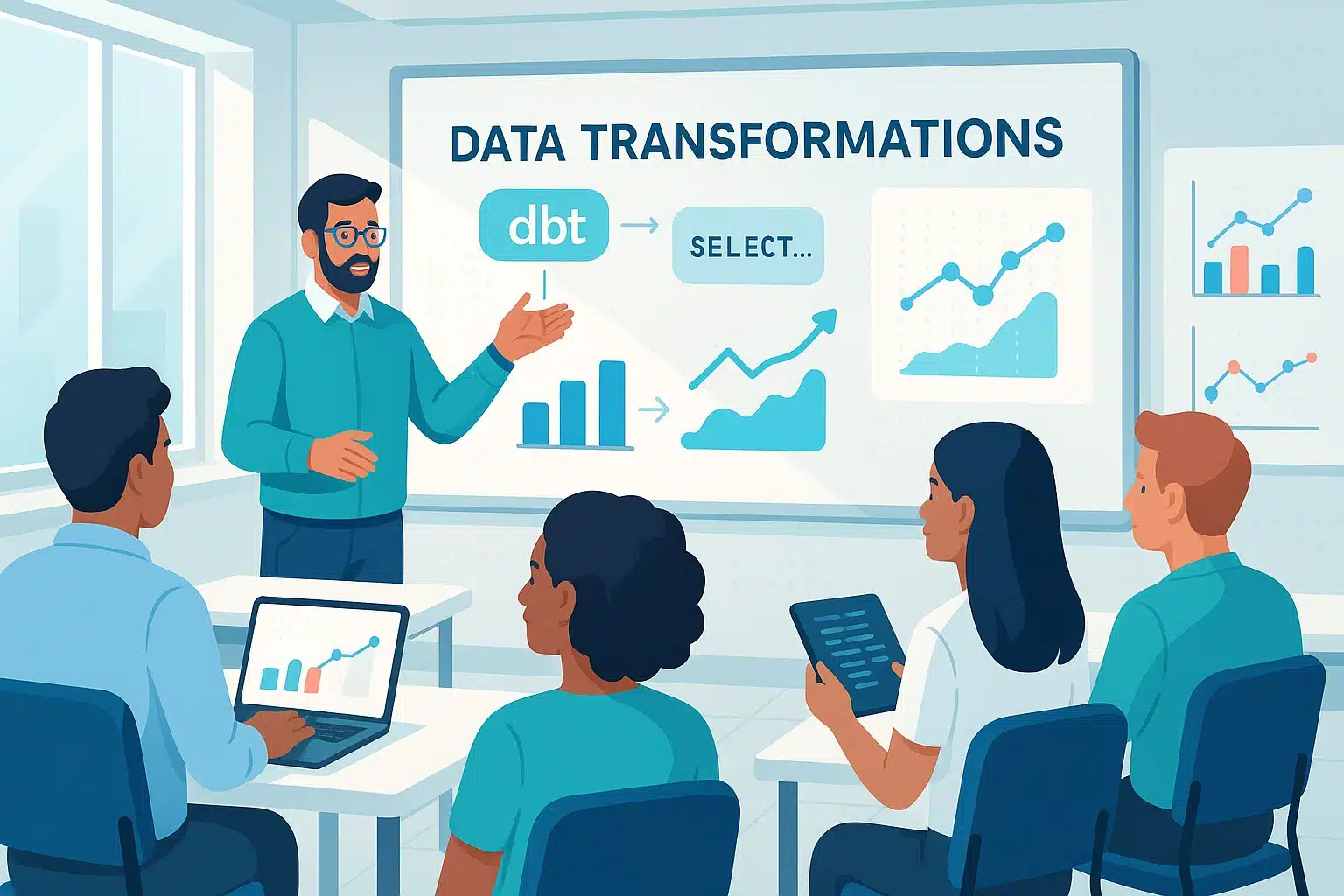 Un formateur enseignant la transformation de données avec dbt (data build tool) à un groupe d'apprenants dans une salle de classe.