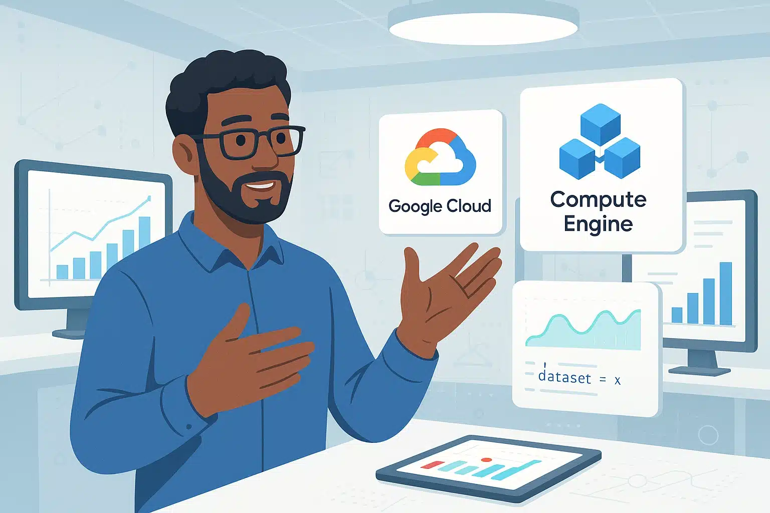 Personne expliquant les services de Google Cloud Platform sur un tableau avec des graphiques et des icônes de Compute Engine.