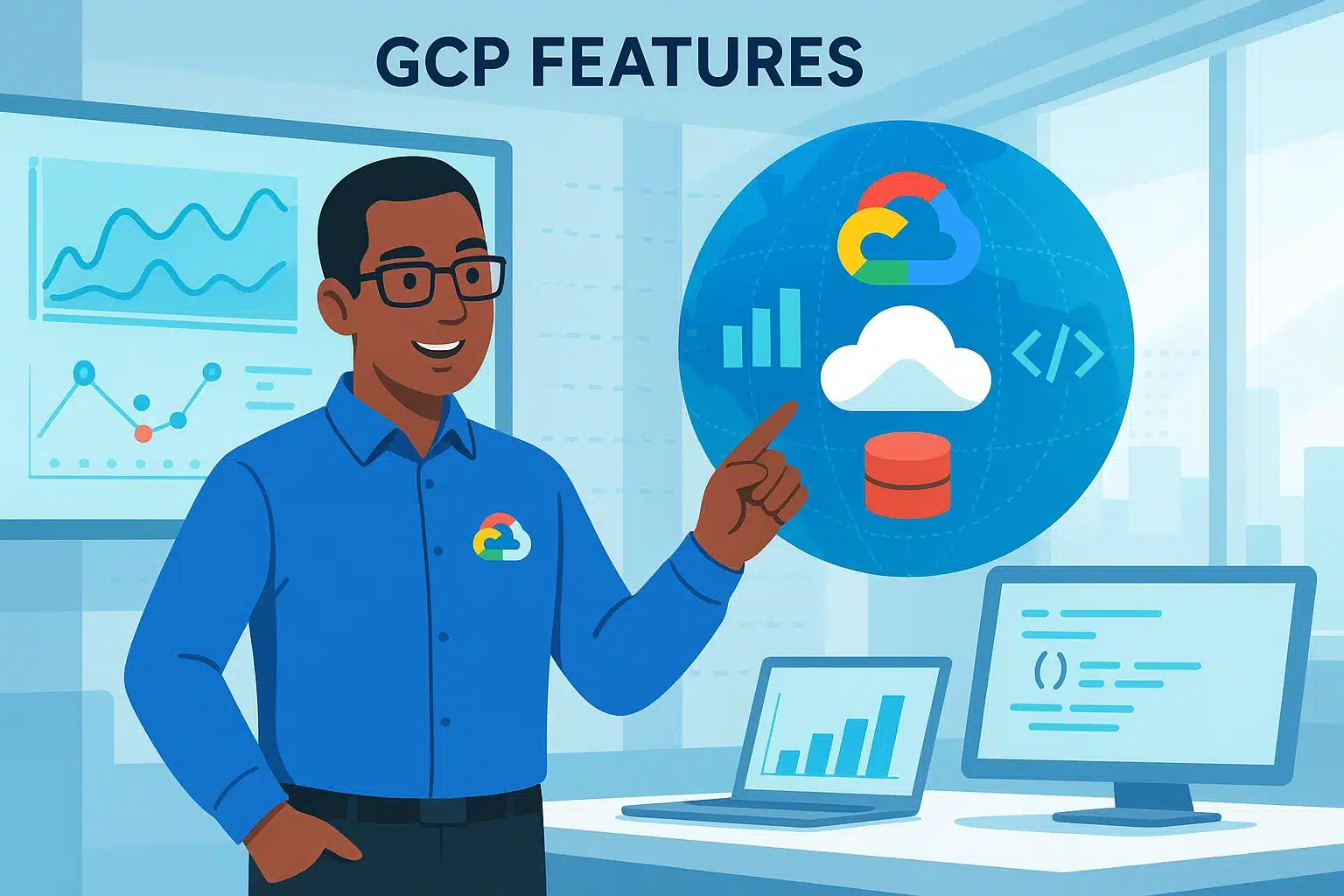 Illustration des fonctionnalités de GCP, montrant un professionnel de l'informatique présentant des éléments graphiques et symboles associés à Google Cloud Platform.