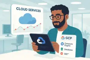 Illustration d'un utilisateur consultant des services Google Cloud Platform (GCP) sur une tablette, avec un graphique des tendances en arrière-plan.