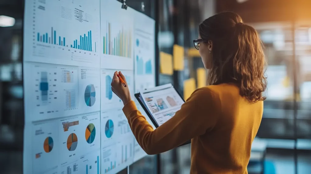 Jeune analyste marketing examinant des graphiques et des données sur un mur dans un bureau moderne. Elle analyse les tendances du Customer Satisfaction Score (CSAT) et des indicateurs clés de performance pour optimiser la satisfaction client et la fidélisation.