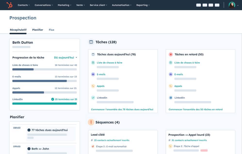 Interface du tableau de bord de prospection dans HubSpot CRM, affichant le récapitulatif des tâches, le planning quotidien, les séquences automatisées et la progression des activités par type (emails, appels, LinkedIn). Capture d'écran du module de prospection utilisé pour le suivi des leads et la gestion des tâches commerciales.