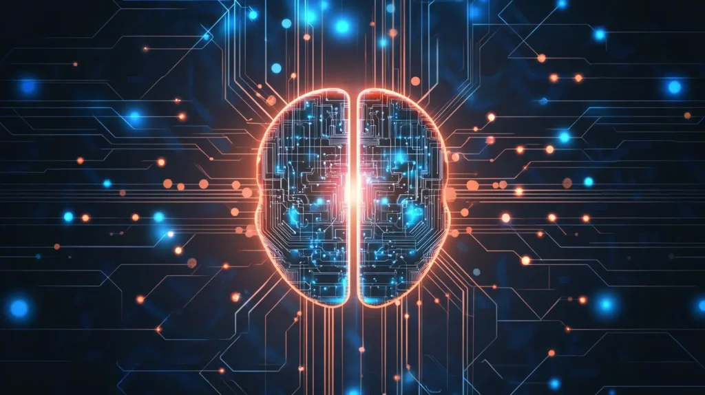 Illustration futuriste représentant un cerveau numérique connecté à un réseau de circuits électroniques. Concept d'intelligence artificielle, apprentissage automatique et Multi Token Prediction. Visualisation des flux de données et de l'analyse algorithmique dans un style high-tech et cybernétique.