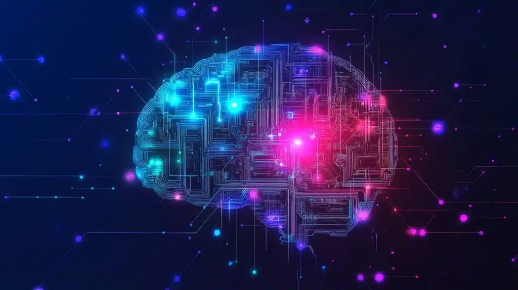 Illustration futuriste d'un cerveau numérique représentant l'intelligence artificielle et l'analyse de données. Concept de Multi Token Prediction, réseau neuronal, algorithmes d'apprentissage automatique et traitement du langage naturel. Visualisation de la connexion entre les données et l'IA dans un style technologique et cybernétique.