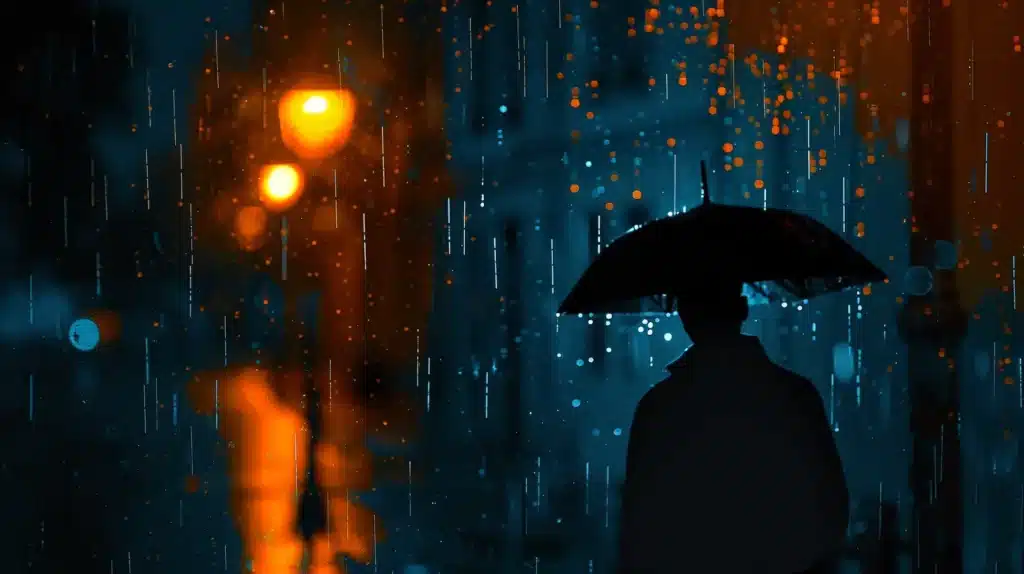 Visuel généré par IA représentant une silhouette sous la pluie, ambiance nocturne bleu et orange, créé grâce au midjourney prompt engineering pour évoquer la solitude en milieu urbain.