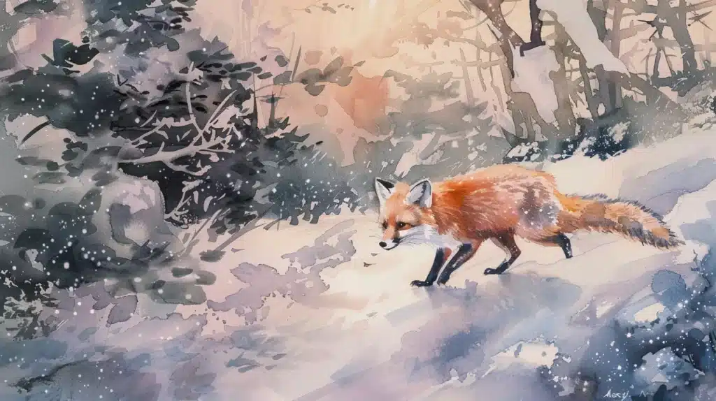 Image générée par IA représentant un renard dans un style aquarelle japonaise, illustrant un exemple de prompt précis réalisé via le midjourney prompt engineering.