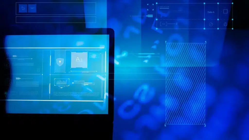 Interface numérique bleutée affichant des données techniques, des graphiques et des éléments d’intelligence artificielle – visuel high-tech parfait pour illustrer l’ingénierie de prompts, les dashboards IA ou les simulations Midjourney.