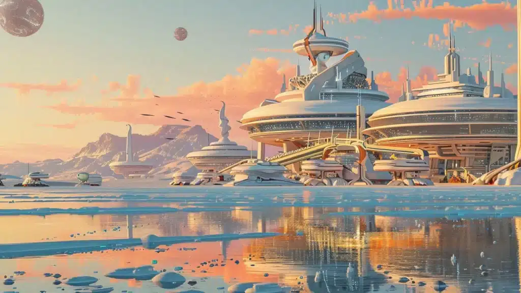 llustration d'une cité futuriste au bord de l’eau, générée grâce au midjourney prompt engineering avec un style inspiré de Moebius.