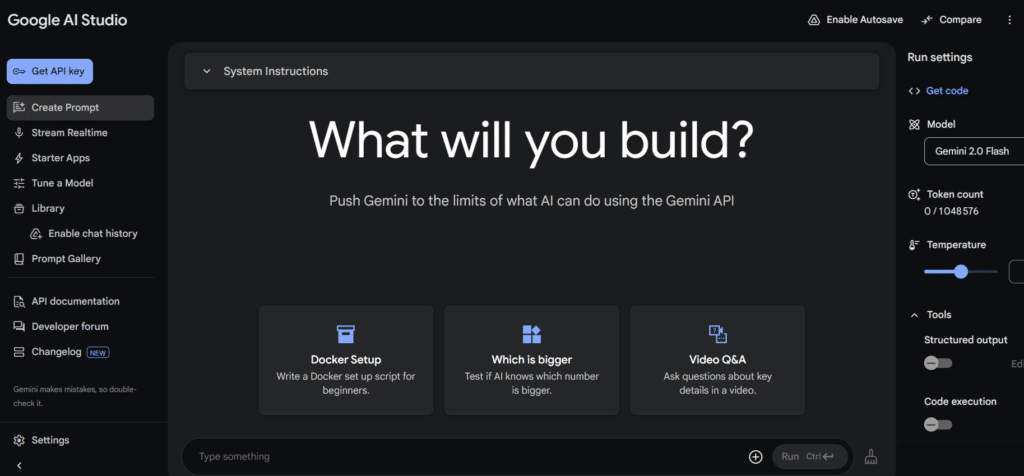 Interface de Google AI Studio affichant l'écran de configuration pour créer des applications avec l'API Gemini 2.0. L'utilisateur peut choisir parmi diverses options comme 'Docker Setup', 'Which is bigger' ou 'Video Q&A', et ajuster les paramètres du modèle d'IA.