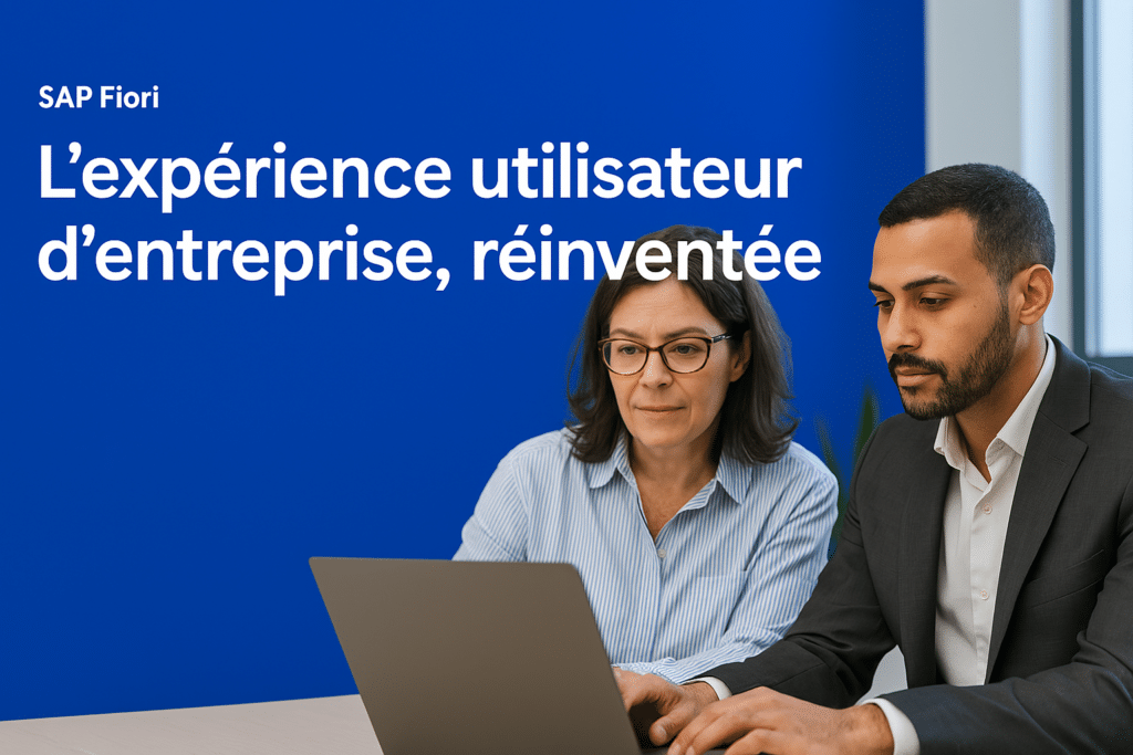 Deux experts en transformation digitale collaborant sur SAP Fiori, montrant l'interface utilisateur moderne et réactive.