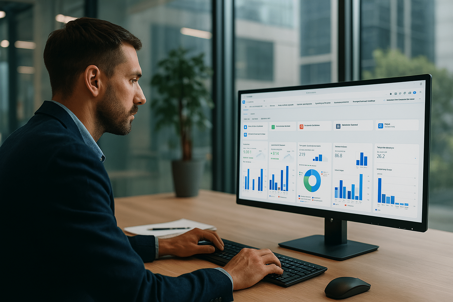 Une personne travaillant à un bureau moderne, avec une interface SAP Fiori affichée sur l'écran de son ordinateur, illustrant l'utilisation de cette solution pour la gestion des ventes.