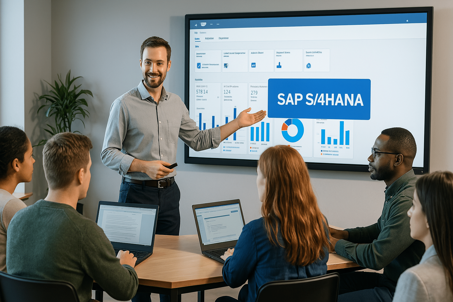 Des étudiants lors d'un bootcamp de formation SAP Fiori, avec un professeur guidant la session. L'écran affiche l'interface de SAP Fiori.
