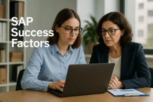 Consultante SAP présentant un roadmap détaillé des SAP Best Practices à une équipe de collaborateurs dans un bureau moderne, avec une typographie 'SAP Best Practices' à gauche de l'image, mettant en lumière les étapes clés du processus SAP sur un tableau blanc interactif.