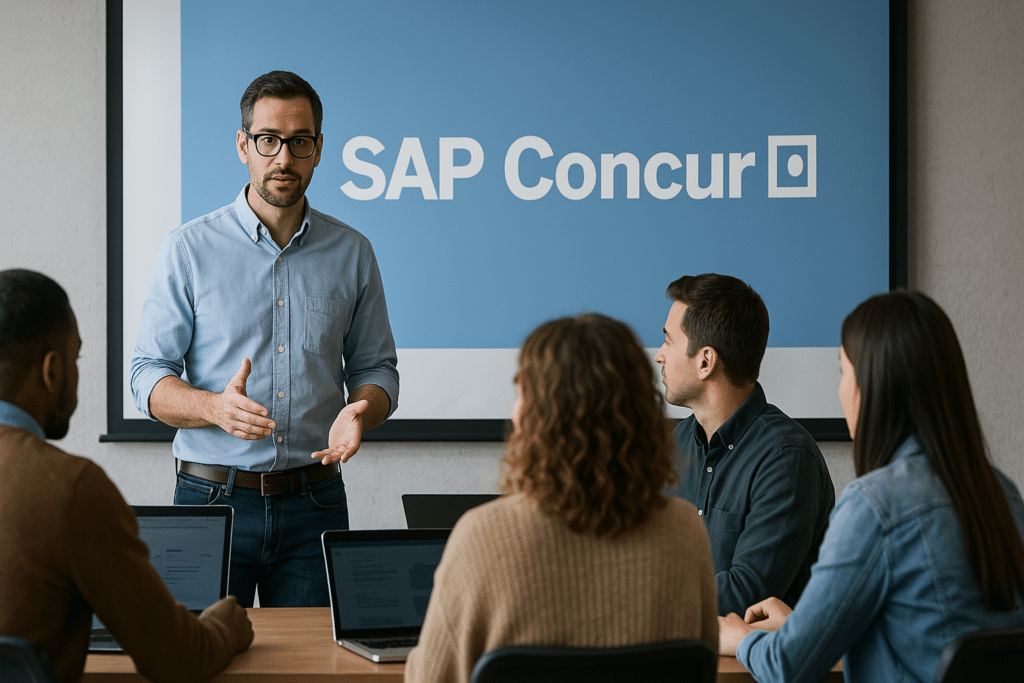 "Une salle de formation bien éclairée où un instructeur dynamique anime une session avec des apprenants concentrés sur leurs ordinateurs portables. L'écran de projection montre clairement le logo de SAP Concur, tandis que les étudiants, issus de divers horizons, suivent attentivement les explications de l'enseignant. La lumière naturelle pénètre dans la pièce, créant une ambiance propice à l'apprentissage.