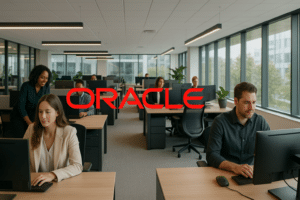Bureaux modernes avec des employés concentrés devant leurs ordinateurs, illustrant un environnement de travail technologique et collaboratif à l'image d'Oracle entreprise.