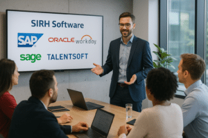 Consultant SIRH animant une présentation sur les logiciels RH comme SAP, Oracle, Workday et Talentsoft dans une salle de réunion moderne.