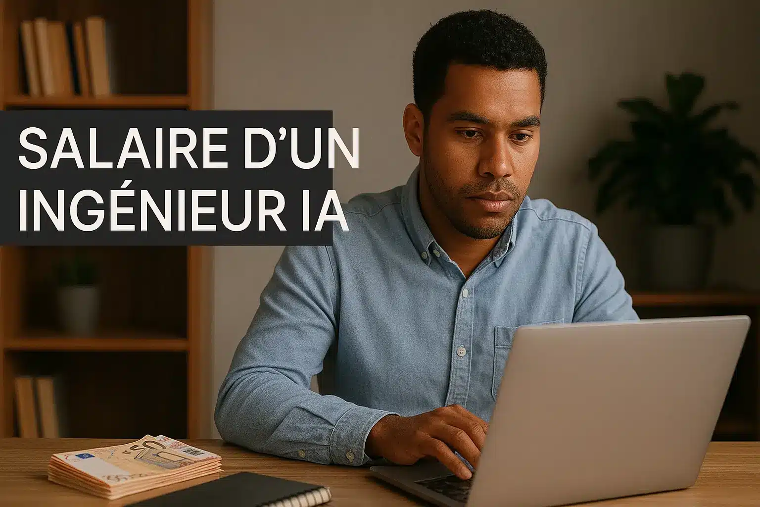 Un ingénieur en intelligence artificielle travaille sur un ordinateur dans un bureau moderne, avec une pile de billets en euros sur son bureau. Le titre “Salaire d’un Ingénieur IA” apparaît en haut de l’image.