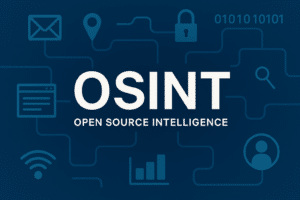 Illustration représentant le concept d’OSINT (Open Source Intelligence), avec des icônes symbolisant la collecte de données en ligne : email, géolocalisation, sécurité, recherche, analyse de données et navigation web, sur fond bleu technologique.