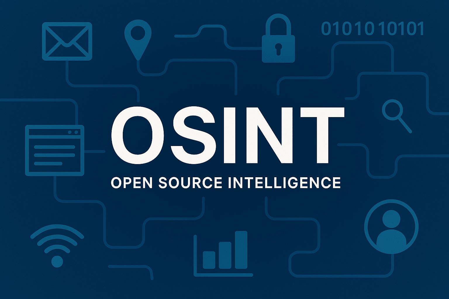 Illustration représentant le concept d’OSINT (Open Source Intelligence), avec des icônes symbolisant la collecte de données en ligne : email, géolocalisation, sécurité, recherche, analyse de données et navigation web, sur fond bleu technologique.