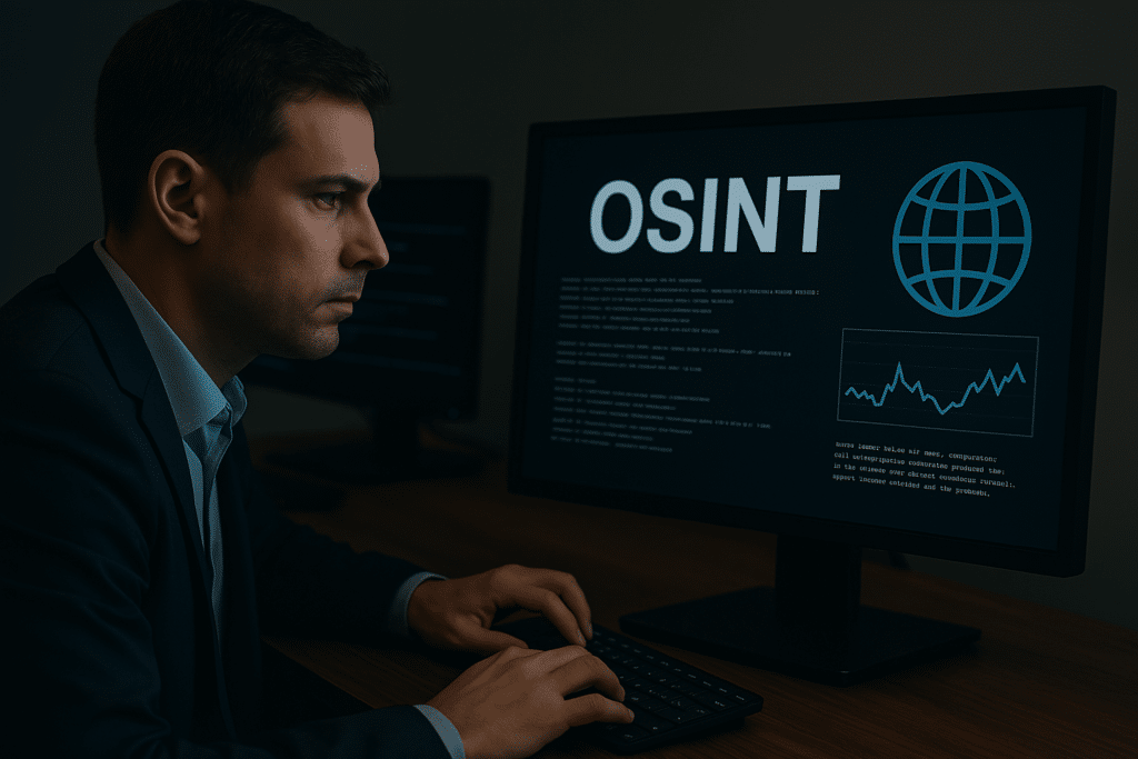 Analyste en cybersécurité travaillant sur un ordinateur affichant le mot OSINT, symbole de la recherche d'informations en sources ouvertes, avec données et graphique à l'écran.