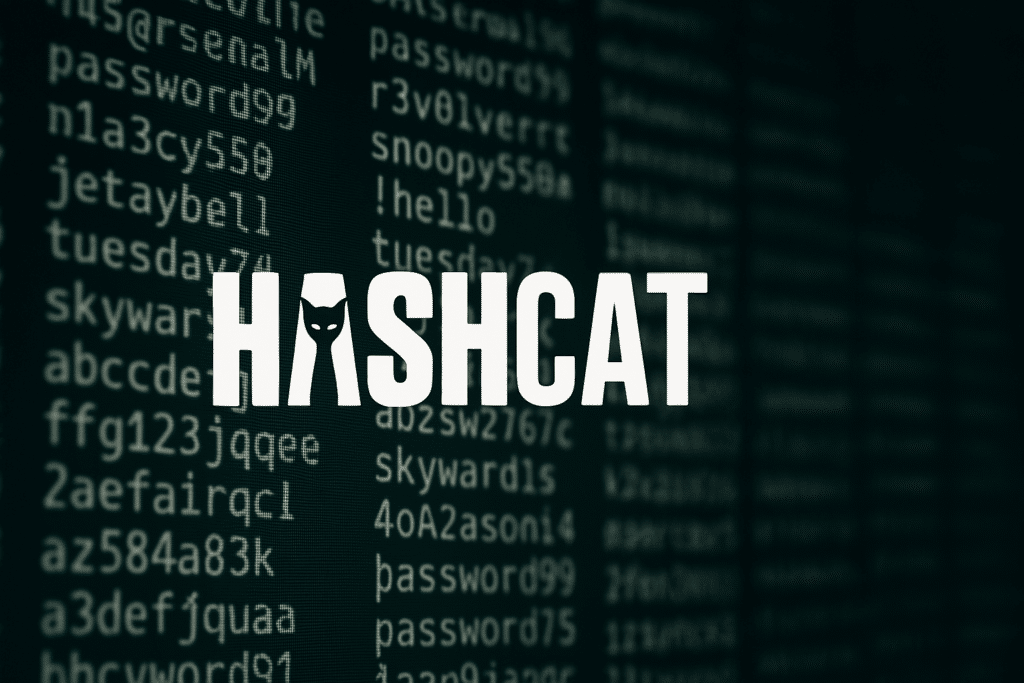 Logo Hashcat en surimpression sur un écran affichant une liste de mots de passe en défilement rapide, illustrant la puissance de l’outil de craquage de mots de passe Hashcat.