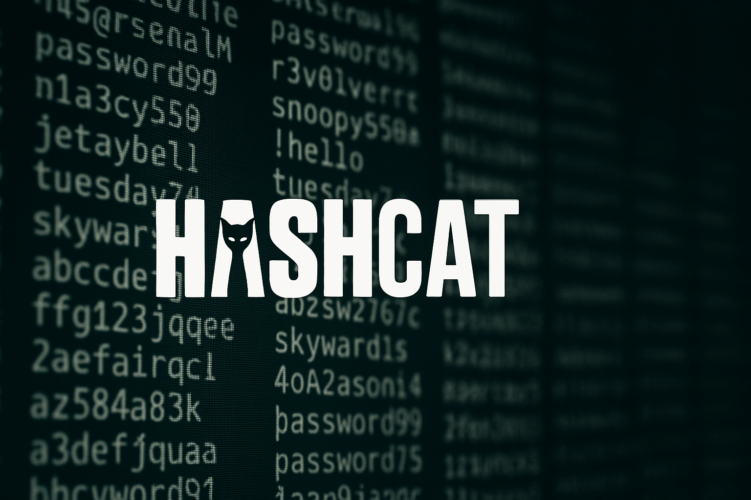 Logo Hashcat en surimpression sur un écran affichant une liste de mots de passe en défilement rapide, illustrant la puissance de l’outil de craquage de mots de passe Hashcat.