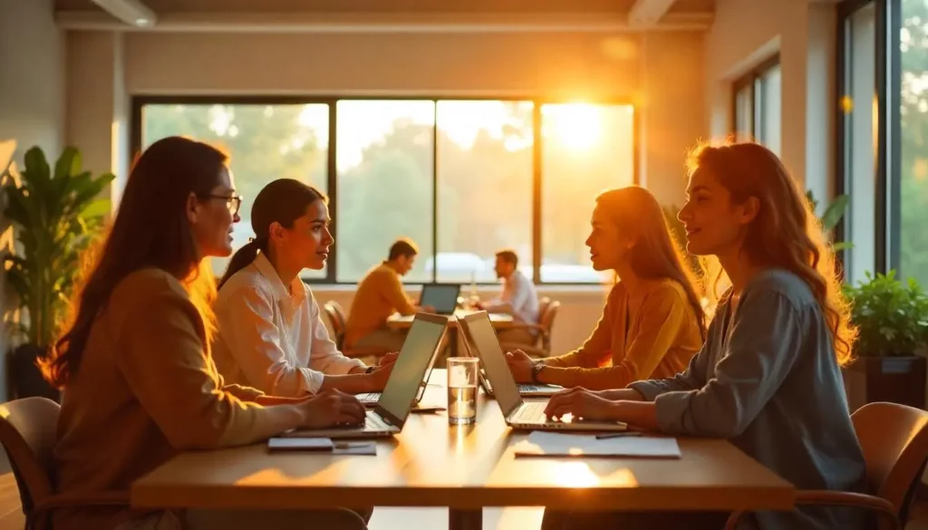 Groupe de professionnels collaborant dans un espace de coworking lumineux au coucher du soleil, symbolisant les méthodes agiles et collaboratives de la démarche SAP Activate.