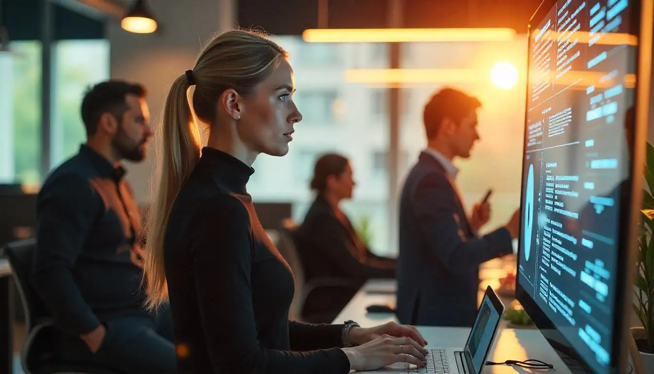 Ingénieure en intelligence artificielle analysant des données sur écran, dans un environnement professionnel high-tech, illustrant le lien entre expertise IA et niveau de salaire.