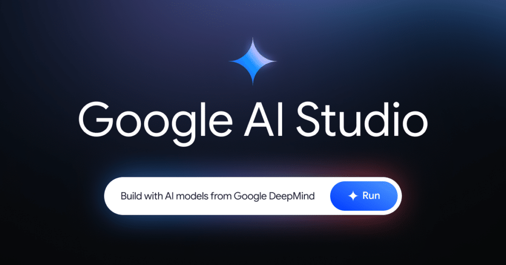 Interface de Google AI Studio, plateforme permettant de construire des applications avec les modèles d'IA avancés de Google DeepMind. Le bouton 'Run' initie le processus de création avec l'intelligence artificielle.