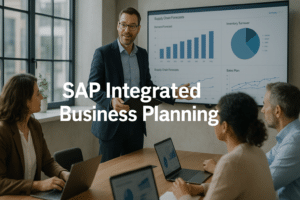 Responsable achats présentant à son équipe des prévisions de la chaîne logistique à l'aide de SAP Integrated Business Planning dans un bureau moderne.