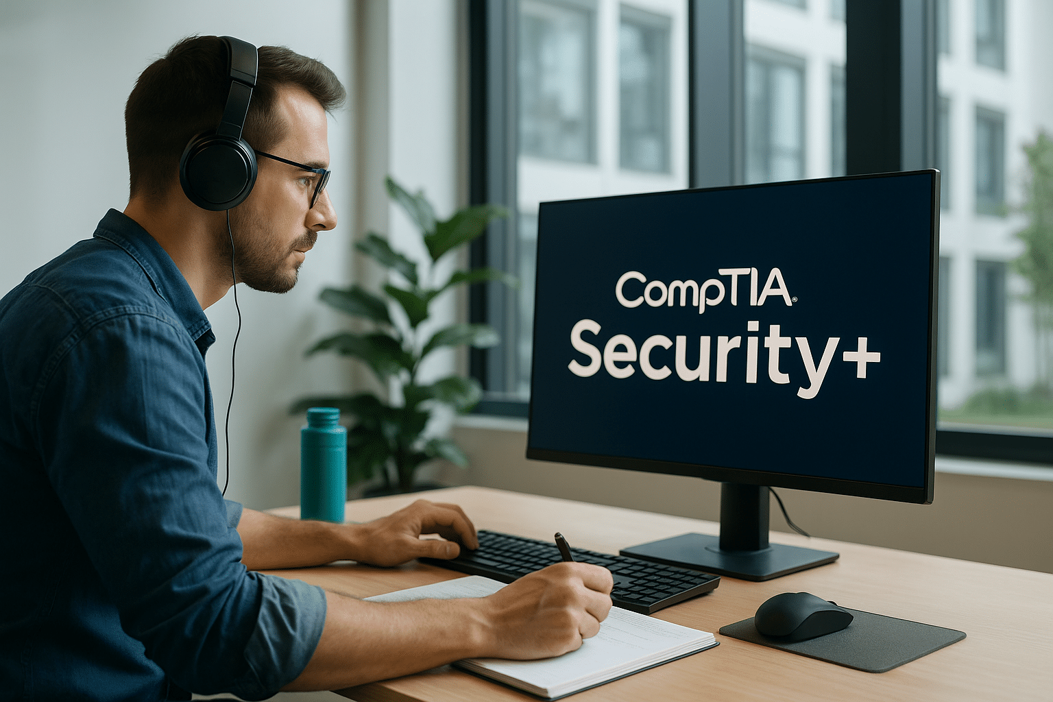 Apprenant en cybersécurité étudiant la certification CompTIA Security+ dans un bureau moderne, concentré devant un écran.