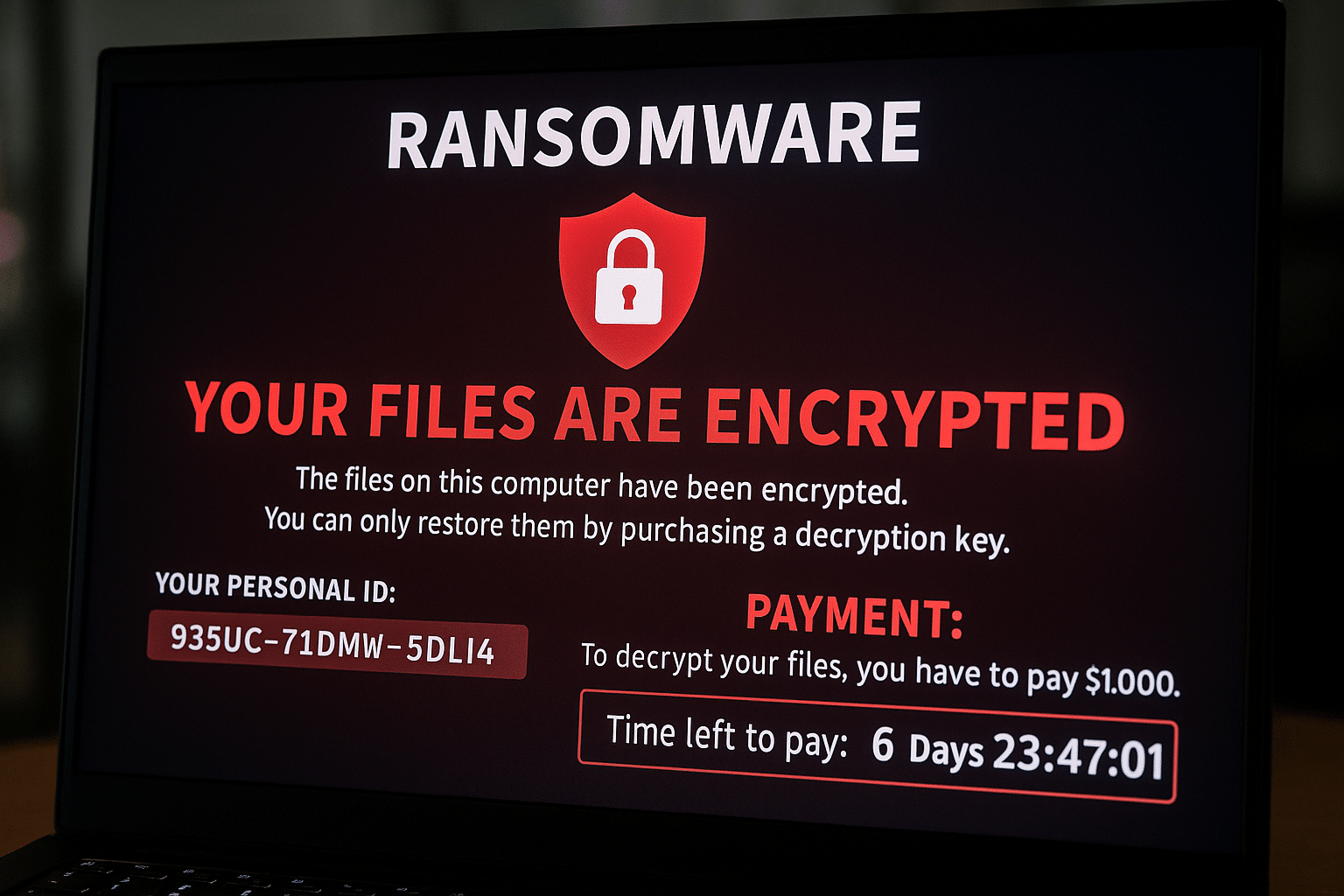 Écran d’ordinateur affichant un message de rançongiciel, illustrant une cybermenace avec des fichiers chiffrés et une demande de paiement.