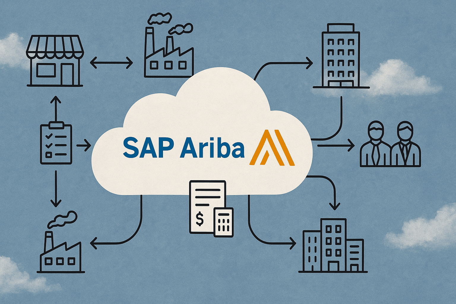 Schéma illustrant le fonctionnement de SAP Ariba : une plateforme cloud centralisée connectant divers fournisseurs (PME, grandes entreprises) via des flux de données numériques comme les commandes, devis et factures.