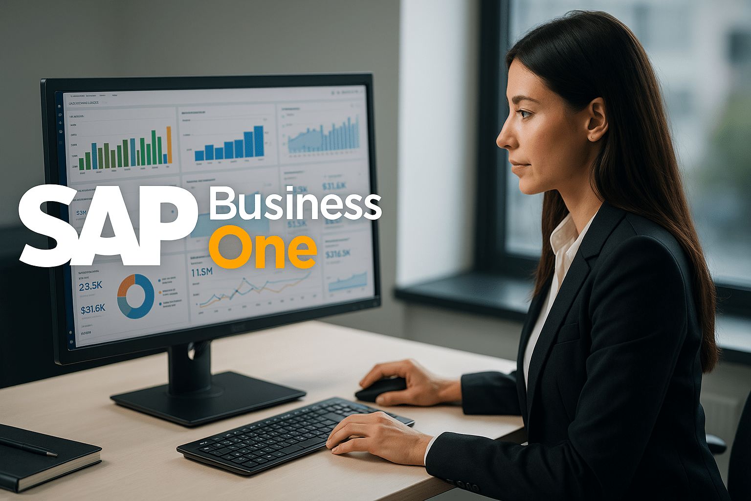 Consultante travaillant sur un tableau de bord SAP Business One avec des graphiques et des chiffres en temps réel.