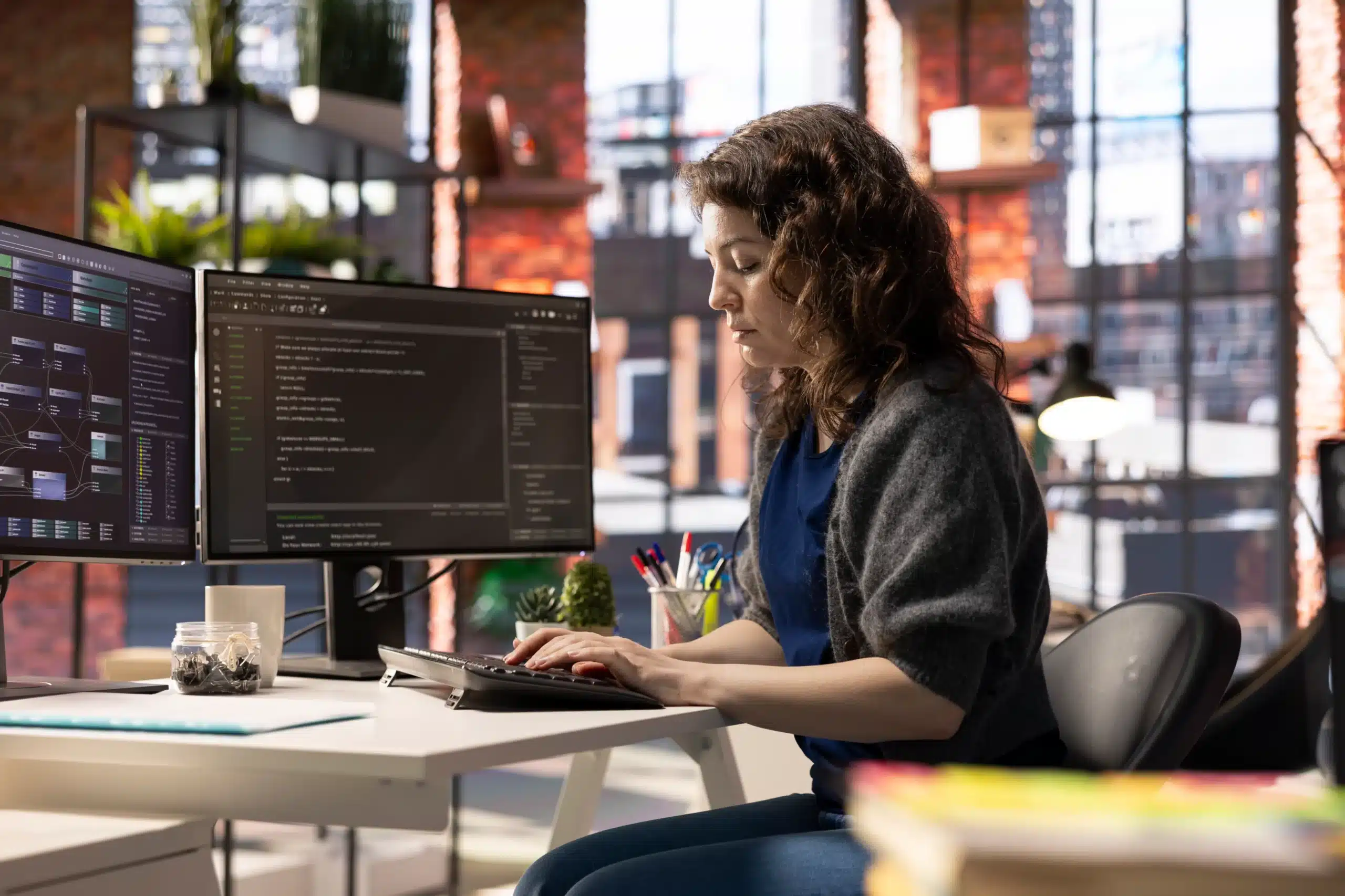 La vie d’une ingénieure en machine learning codant sur deux écrans dans un bureau moderne, concentrée sur le développement de modèles d’intelligence artificielle.