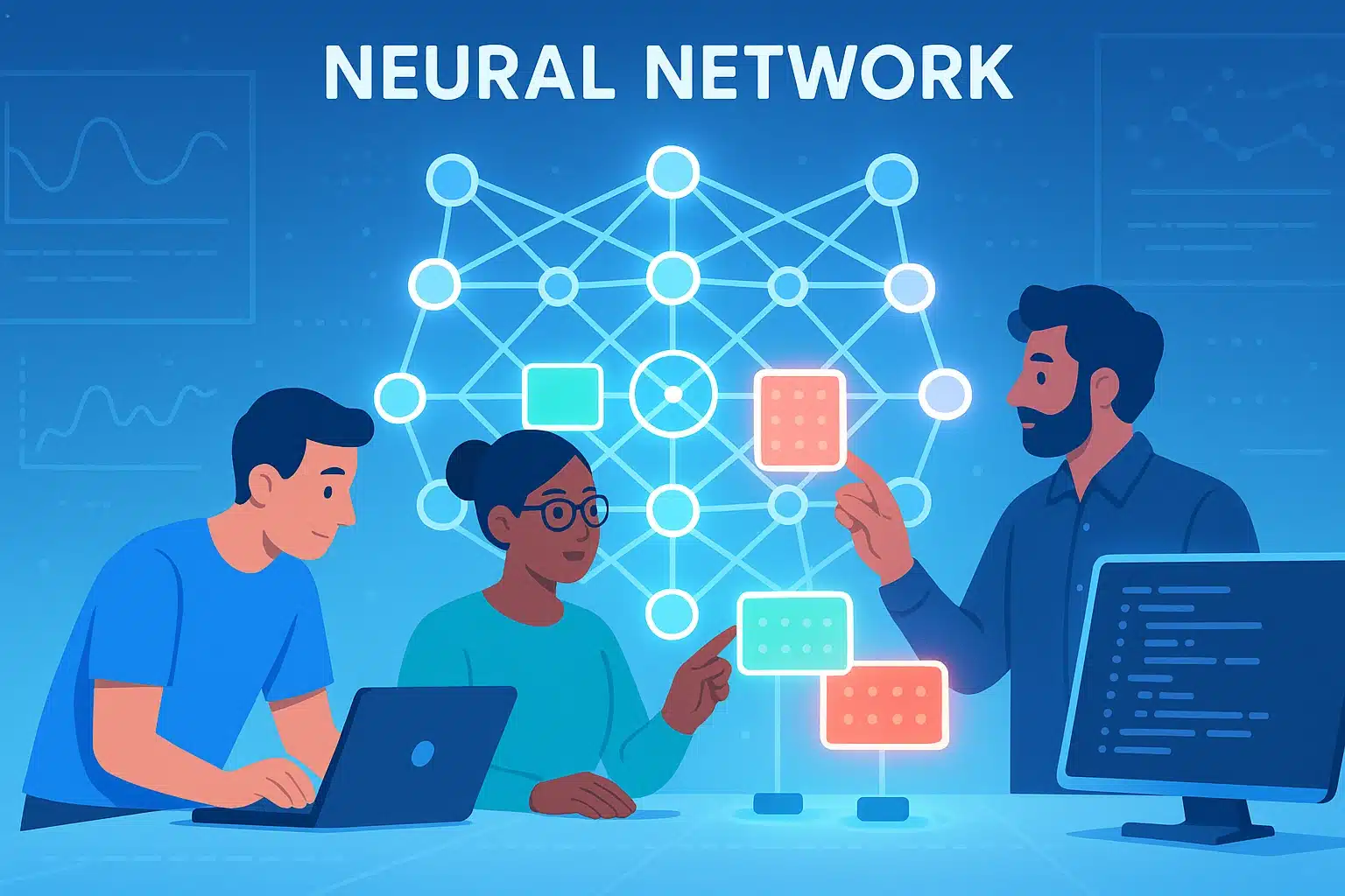 Des personnes discutant d'un réseau de neurones avec un expert, illustrant les concepts des unités récurrentes avec des graphiques et des modèles.