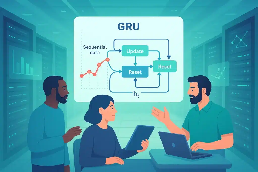 Illustration expliquant le mécanisme du Gated Recurrent Unit (GRU) avec des participants analysant des données séquentielles.