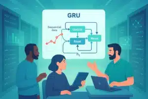 Illustration expliquant le mécanisme du Gated Recurrent Unit (GRU) avec des participants analysant des données séquentielles.