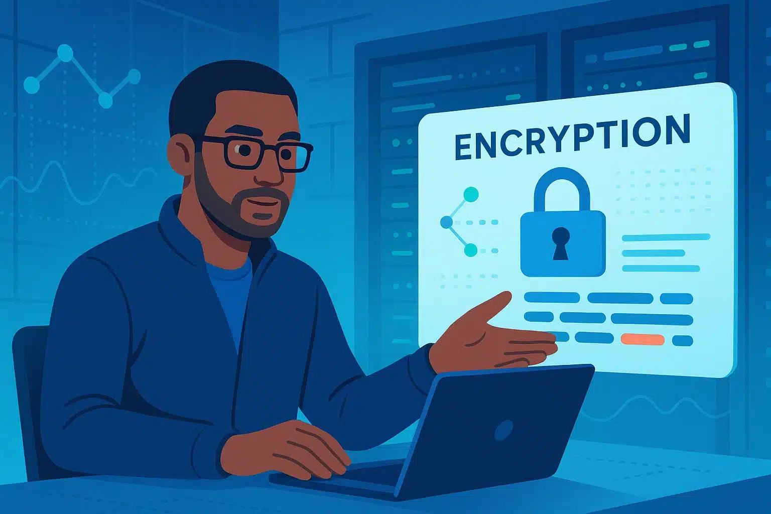 Un expert en informatique présentant le concept d'encryption dans le contexte de Transport Layer Security (TLS) sur un ordinateur portable.