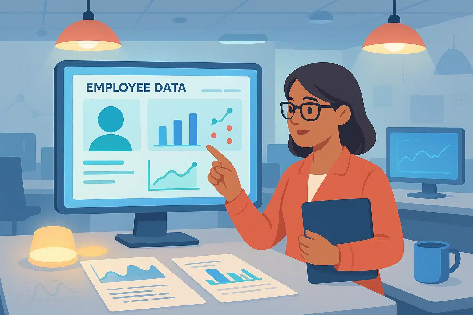 Analyste SAP HCM discutant des données des employés devant un écran présentant des graphiques et des tendances.