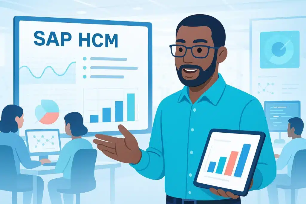 Un professionnel présente SAP HCM avec des graphiques et des données sur un écran, illustrant l'analyse des ressources humaines.